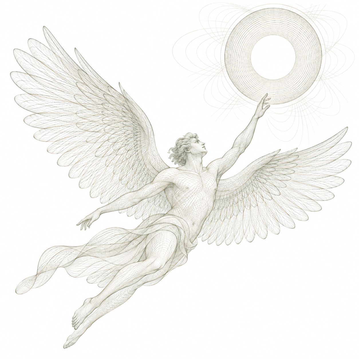 Icarus reaching toward the sun, illustrated with fine gold-toned contour lines